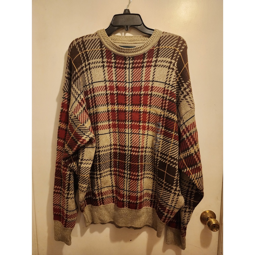 Saddlebred Mens XL Plaid Crewneck Sweater 100% Cotton Tan Red Brown Grandpa NWT